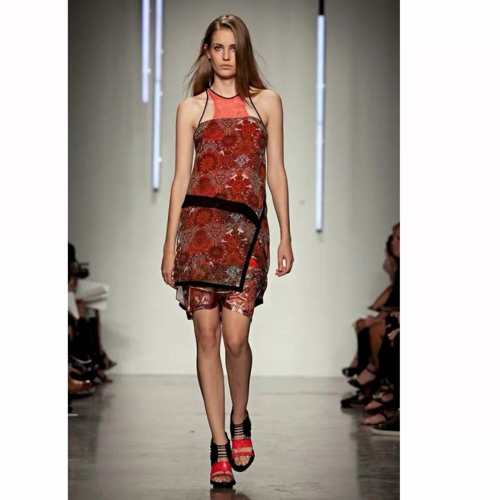 Helmut Lang Red Mandala Print Silk Dress Asymmetrical Sz Small Designer luxury